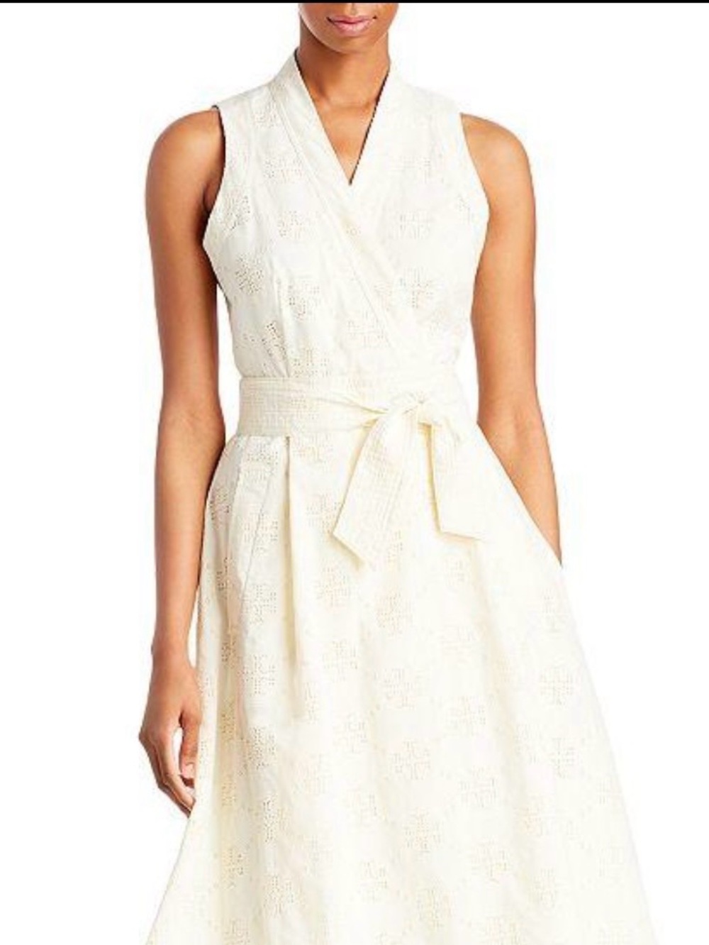 Tory Burch Sleeveless Cream Eyelet Wrap Dress with Waist Tie